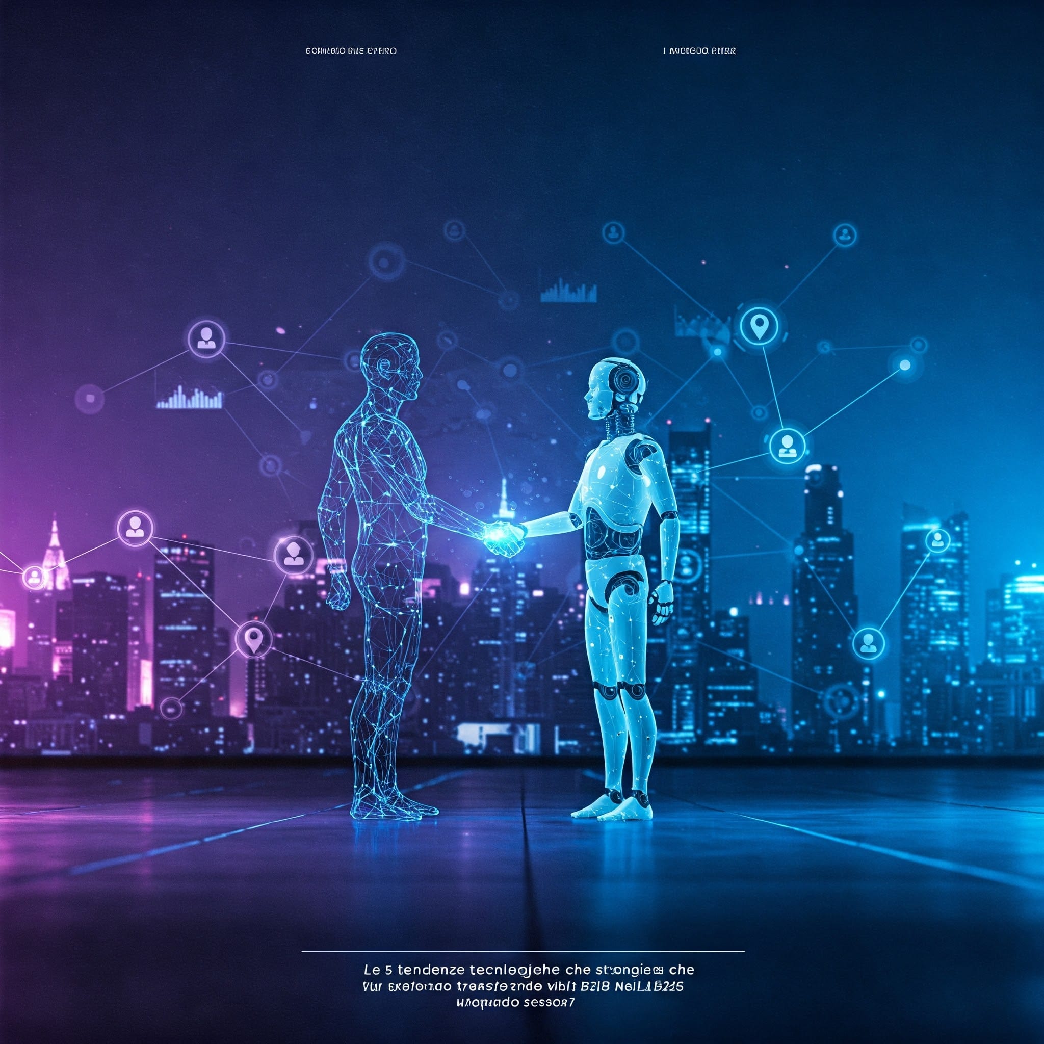 Tendenze tecnologiche B2B: stretta di mano tra una figura digitale e un robot davanti a una città connessa