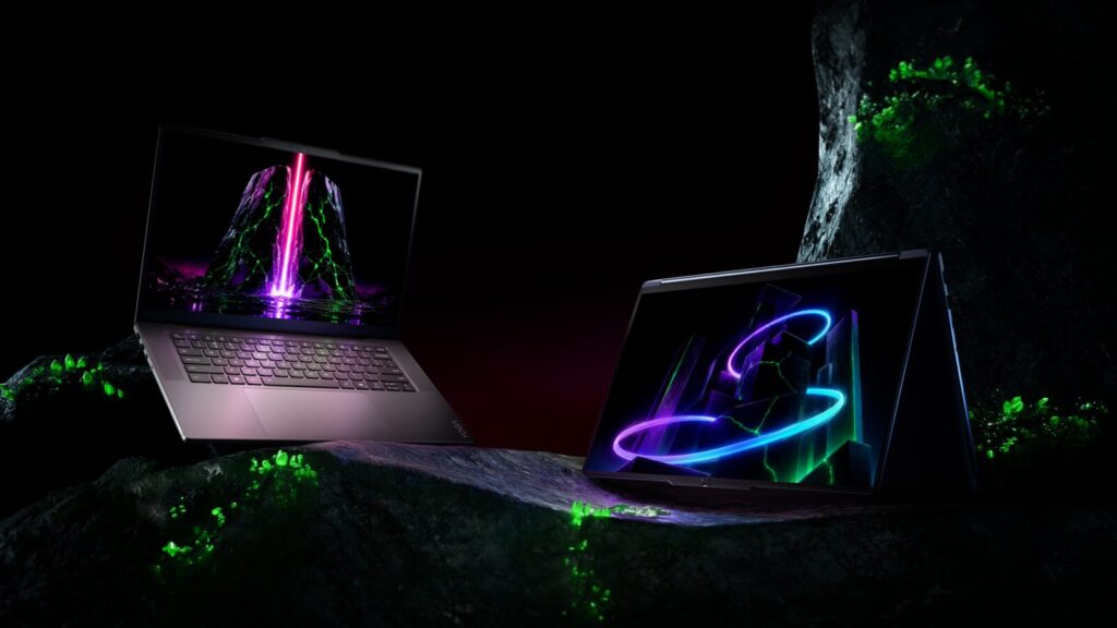 PC RTX Spark Lenovo Yoga Pro 9n e Yoga 9n 2-in-1 su sfondo scuro con dettagli verdi